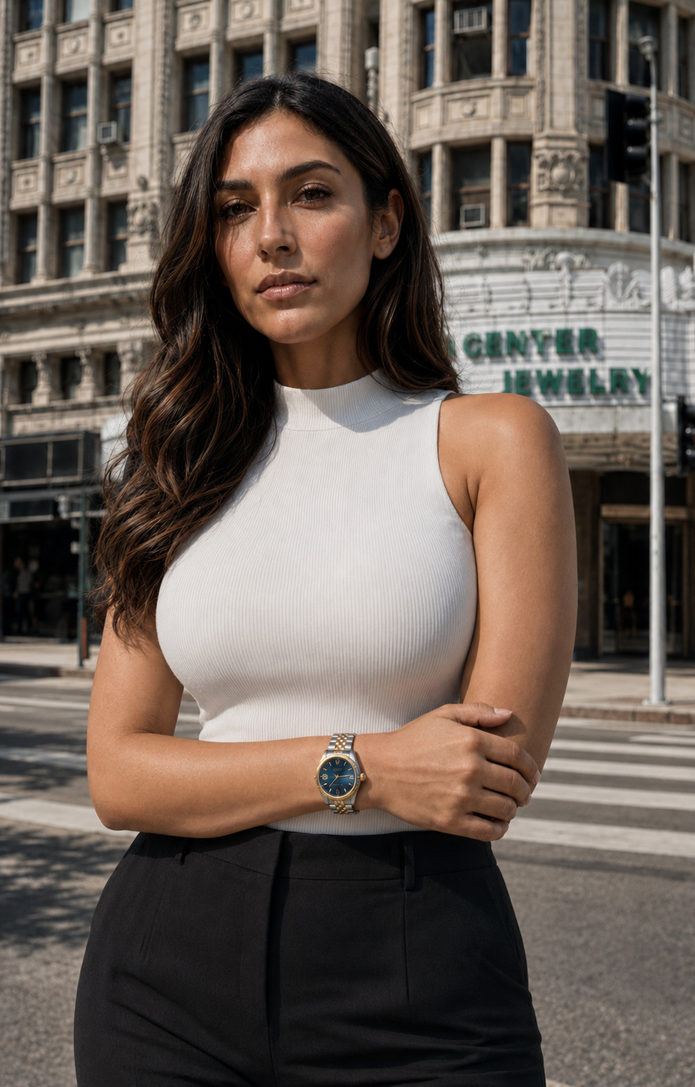 Female model styling the ROLEX DATEJUST BLUE DIAMOND